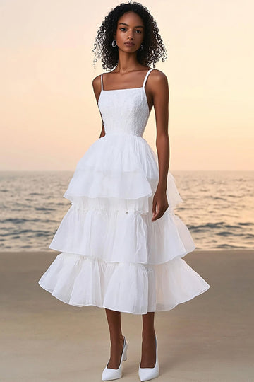 White Lace A Line Tiered Graduation Dress